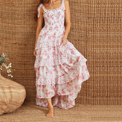 Cyflymder Floral Tie Shoulder Maxi Dress for Women Y2k Spaghetti Strap Ruffles Flowy Long Dress Ladies Summer Boho Beach A-line Sundress
