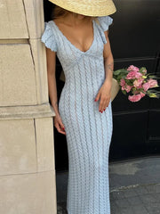 Cyflymder Chic V-Neck Knitted Lace Long Dress Woman Hollowed Out Short Sleeves Slim Robes Solid Color Casual Elegant Women's Long Dresses