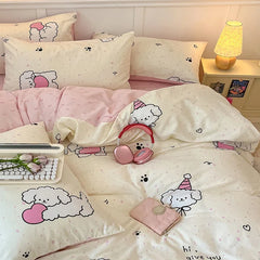 Cyflymder 4Pcs Pure Cotton Cartoon Pattern Printed Quilt Cover Breathable Colorfast Fitted Sheets Super Soft Dirt Resistant Bedding Set