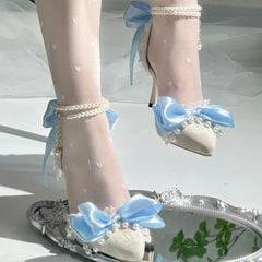 Cyflymder White Blue High Heels for Women Party Shoes Wedding Heels Y2K Shoes Bow Pearl Shoes for Women Elegant Women's Heeled Shoes