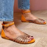 Cyflymder Flat Heels Shoes Golden Peep Toe Women's Sandals Hollow Sandals Casual Shoes