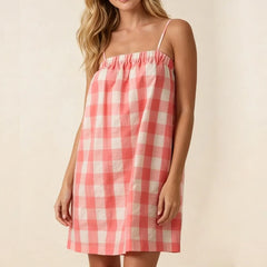 Cyflymder Women Y2k Gingham Mini Cami Dress Boho Graphic Spaghetti Strap Flowy Short Dress Cute Summer Holiday Sundress