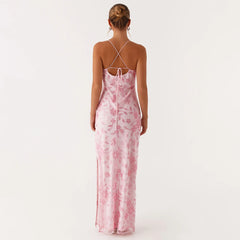 Cyflymder Women Summer Glitter Sequin Beaded Flower Cami Dress Slim High Split Spaghetti Strap Open Back Long Dresses for Party Club