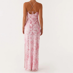 Cyflymder Women Summer Glitter Sequin Beaded Flower Cami Dress Slim High Split Spaghetti Strap Open Back Long Dresses for Party Club
