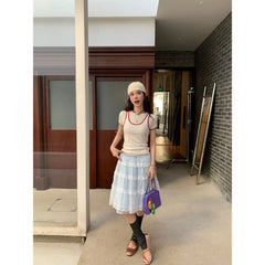Cyflymder Light Blue Lace Cake Layered Skirt Ladies Summer Skirt