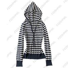 Cyflymder Y2K American Retro Womens Hooded Knit Top Slim Half Button V Neck Long Sleeve Thin Knit Navy White Stripe Pullover Casual