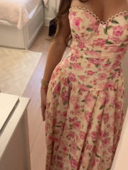 Cyflymder Elegant Maxi Dress For Women Thin Spaghetti Strap Sweetheart Neck Lace Trim Floral Print Long Skirt Lady's Party Dating Frock