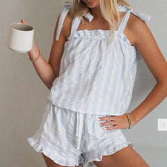 Cyflymder Summer Women's Y2K 2Piece Striped PJs Loungewear Set Bow Knot Tied Shouder Straps Tank Tops +Drawstring Ruffled Shorts