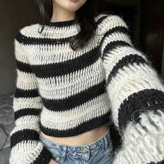 Cyflymder Women Y2K Black White Striped Hollow Out Knit Crop Top Sleeve Fuzzy Crochet Sweater Casual Streetwear Pullover Blouse