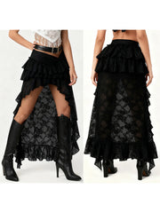 Cyflymder Women Flower Lace Skirt Elastic Waist High Low Layered Ruffle Skirt Casual Summer Streetwear