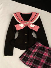 Cyflymder Japanese College Style Sweet JK Skirt Suit Women Sailor Collar Bow Tops + Plaid Pleated Skirts New Vintage Slim Harajuku Outfits