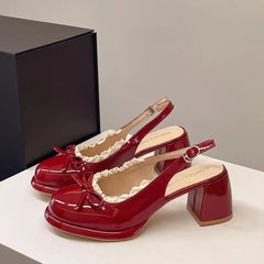 Cyflymder Sweet Bowknot Patent Leather Mary Jane Shoes Women Summer Pointed Toe High Heel Sling Back Pumps Fashion Party Dress Shoes