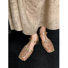 Cyflymder French Retro Gold Hollow Mesh Beautiful Bag Head Sandals Women's Rear Empty Buckle Belt Low Heel Women's Single Shoes
