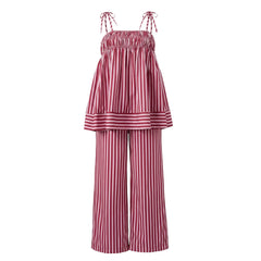 Cyflymder Women Summer Y2K Striped Pajamas Set Tie Shoulder Ruffle Tank Tops and Straight Pants 2 Piece Casual Vacation Beach Outfit