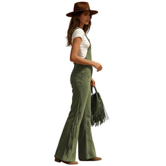 Cyflymder Retro American Ladies' High-end Temperament Jumpsuit Western Suede Fringed Wide-leg Overalls Chic Adjustable Straps Trousers