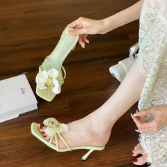 Cyflymder Female Slip On Footwear Square Toe Ladies High Heels Pumps Slides Shoes Luxury Fashion Flower Women Thin Heels Shoes 2025 New