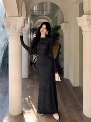 Cyflymder White Lace Long-sleeved Dress Feminine Slimming and Hip-hugging Long Skirt