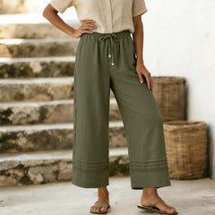 Cyflymder Women's Lace Trimmed Casual Wide Leg Pants Lightweight Summer Loose Fit High Waisted Pants Vacation Straight Leg Trousers
