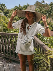 Cyflymder Elegant Knitted Cardigan Coat Women Fashion Single-Breasted Pockets Short Sleeve Crop Sweater 2025 New Summer Casual Slim Tops