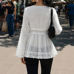 Cyflymder V Neck Lace Spliced Bell Sleeve Empire Waist Peplum Blouse Women Vintage Sweet Casual Loose Flowy White Chiffon Daily Wear Tops