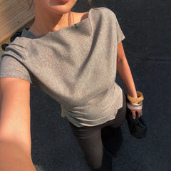 Cyflymder Cute Women's Slim Fit Pleating Waist Asymmetry Hem Short Sleeve T-Shirt – Boat Collar Crop Top Solid Color Casual Summer Wear