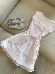 Cyflymder Woman Dress Lace Patchwork Bow Preppy Style Sleeveless Spring Summer Sweet Elegant Mini Dresses Party Princess