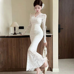 Cyflymder Elegant White Lace Dress Women's Autumn Winter Slim Fit Long Fishtail Dress Party