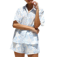 Cyflymder Boho Beach Style 2 Piece Outfits Fashion Printed Short Sleeve Button Up Blouse Tops + Shorts Set Women Lounge Matching Beachwear