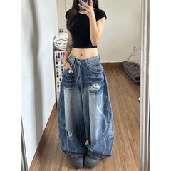 Cyflymder Vintage American High Street Curved Ripped Jeans Women High Waist Loose Wide Leg Flattering Washed Denim Pants New Trendy