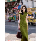 Cyflymder New Green Chinese Style Cheongsam Vintage S To XXL Sleeveless Qipao Women Elegant Evening Long Dress High Quality