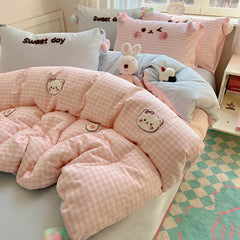 Cyflymder 3/4Pcs Cute Cartoon Cat Embroidery Heart Pompom Bedding Set Single Queen King Size 100% Cotton Duvet Cover Bed Sheet Pillowcases