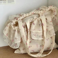 Cyflymder Fashion Girls Sweet Flower Print Handbags Y2k Aesthetic Chic Ruffled Pleated Shoulder Bags Japanese Ins Women Fairy Underarm Bag