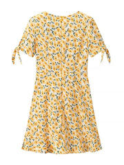 Cyflymder French Pastoral Style Printed Dress for Women O Neck Short Sleeve Spliced Lace Up Slimming Short Dresses Female New