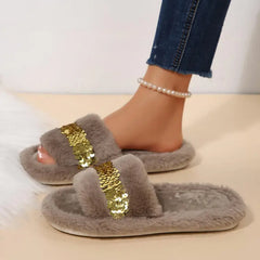Cyflymder Fashion Gold Glitter Faux Fur Indoor Slippers Women Winter Comfortable Flat Heel Furry Home Slippers Women's Warm Plush Slides