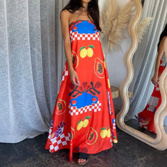 Cyflymder Beach Holiday Strapless Maxi Tube Dress Vintage Fruit Print Backless Swing Loose Dress Women Summer Boho Off Shoulder Long Dress