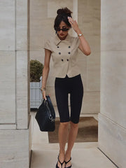 Cyflymder Solid Double Breasted Short Sleeve Cropped Jacket Slim Fit Single Breasted Summer Women Blazer Fashion Versatile Lady Tee
