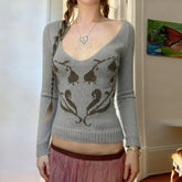 Cyflymder Personality Chic Big V Neck Long Sleeve Sweaters American Temperament Print Autumn Knitted Clothes Y2k High End Basic Pullovers