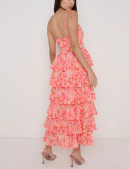 Cyflymder Women Floral Print Long Dress V-Neck Tiered Ruffles Sleeveless Cami Dress Summer Casual Beach Party Dress