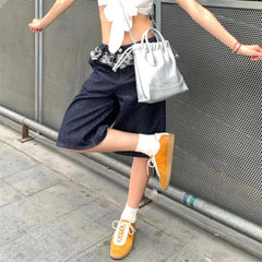 Cyflymder Women's Grid Pattern Splicing Knee Length Summer Shorts Young Girl High Waist Solid Color Bottom Female Capris Straight Trousers