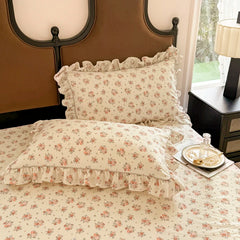 Cyflymder 4Pcs Korean Princess Style Ruffles Floral Bedding Set Skin-friendly Soft Comfortable Duvet Cover Bed Skirt Bedspread Pillowcases