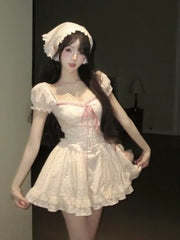 Cyflymder Mini Dresses Women Square Collar Puff Short Sleeve Lace Ruffles Polka Dot Bandage Sweet Party Elegant Dress Female