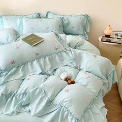 Cyflymder 4pcs Rose Embroidered Duvet Cover Set (1*Duvet Cover 1*sheet 2*Pillowcase ), Princess Style Lace Bedding Set 