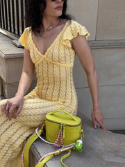 Cyflymder Chic V-Neck Knitted Lace Long Dress Woman Hollowed Out Short Sleeves Slim Robes Solid Color Casual Elegant Women's Long Dresses