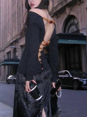 Cyflymder Reversible Long Sleeve T Shirt Women Beaded Cut Out Backless Top Y2k Autumn Clothing Sexy Hollow Out Aesthetic Streetwear Female