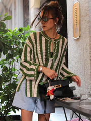 Cyflymder Elegant Knitted Stripe Pullover Women Loose Long Sleeve V-neck Lace Up Contrast Sweater Female 2025 Fashion Autumn Street Top