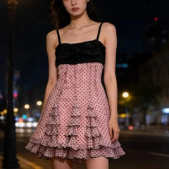 Cyflymder New Sweet French Constrast Color All Match Sling Short Dress Harajuku Polka Dot Print A-line Clothes Y2k Spice Girl Punk Dress