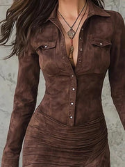 Cyflymder Velvet Suede Dress for Women's Elegant Split Solid Slim Single-breasted Long Dress Lapel Collar Pocket Ruffles Maxi Dress Autumn