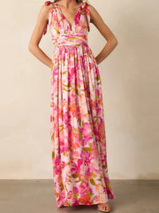 Cyflymder Elegant Maxi Dress with Boho Floral Print Stylish V-Neckline and Chic Tie-Up Shoulder Detail Perfect for Summer Casual Wear