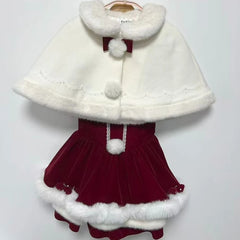 Cyflymder Winter Red Christmas Lolita 3 Piece Sets Women Sweet Plush Patchwork Cloak Coat Slim Bow Mini Dresses Japanese Harajuku Y2k Suit