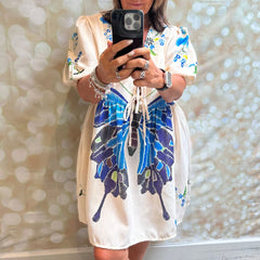 Cyflymder Women's Summer A-Line Dress Floral Print Short Puff Sleeve Tie Front V-Neck Loose Fit Shirt Babydoll Dress Holiday Beach